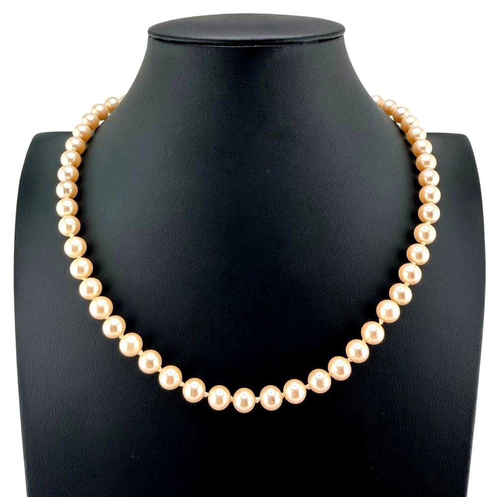 Vintage Faux Pearls Blush Glass Beads Hand Knotted Gold Tone 19" Necklace